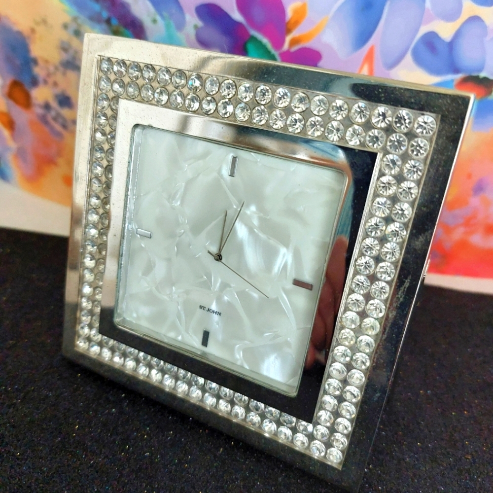 St. John Mother of Pearl Rhinestone Silvertone Metal Desk Clock